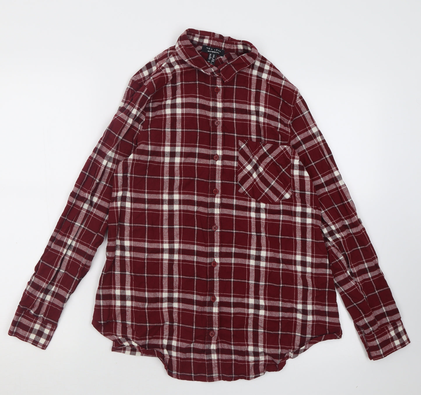 New Look Womens Red Check Cotton Basic Button-Up Size 10 Collared
