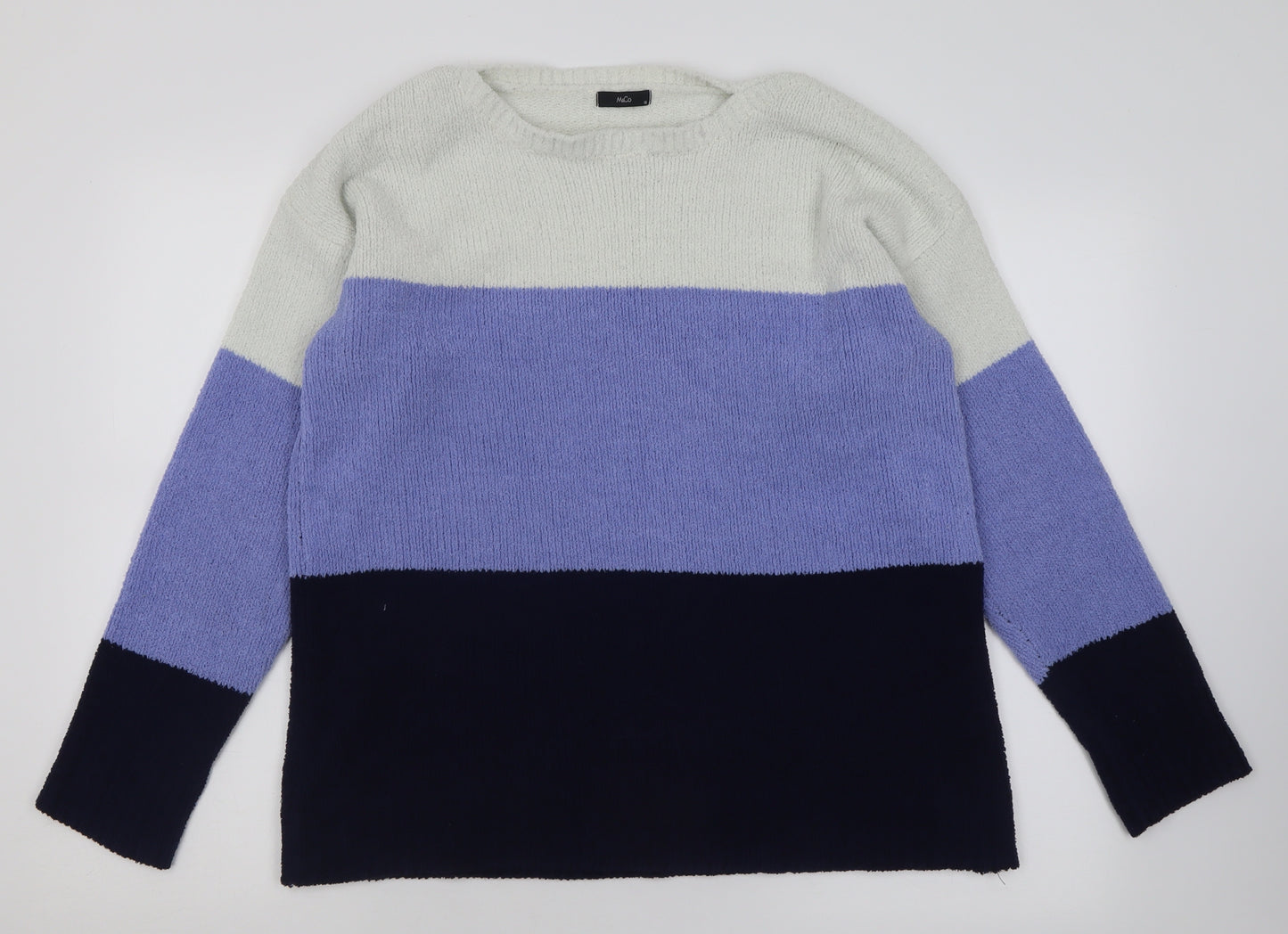 M&Co Womens Blue Crew Neck Striped Polyester Pullover Jumper Size 16
