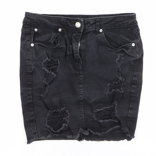 Parisian Womens Black  Cotton Mini Skirt Size 8   Zip - Distressed