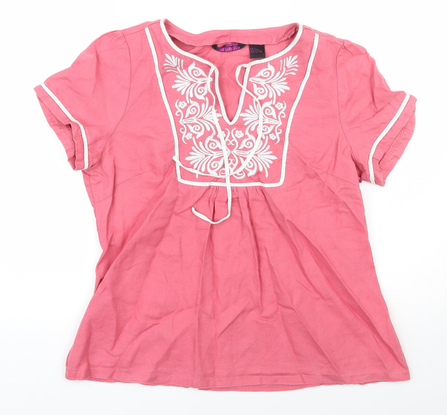 Sara Isabella Womens Pink  Linen Basic Blouse Size L V-Neck