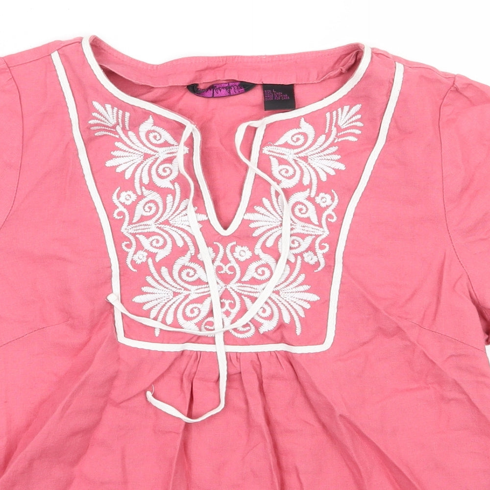 Sara Isabella Womens Pink  Linen Basic Blouse Size L V-Neck
