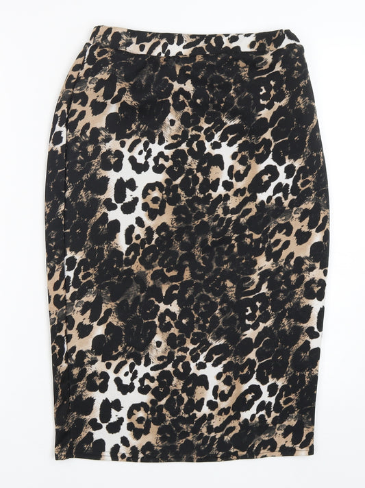Front view of Boohoo women’s multicoloured animal print polyester straight & pencil skirt, size UK 10