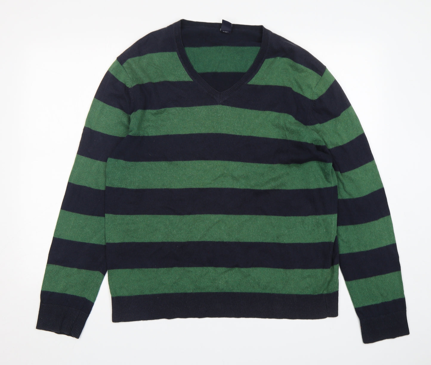 Gap Mens Green V-Neck Striped Cotton Pullover Jumper Size L
