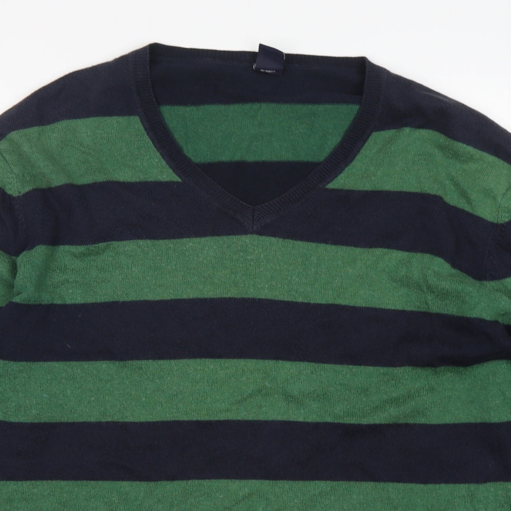 Gap Mens Green V-Neck Striped Cotton Pullover Jumper Size L