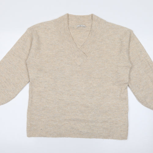 TU Womens Beige V-Neck  Acrylic Pullover Jumper Size M