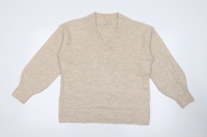 TU Womens Beige V-Neck Acrylic Pullover Jumper Size M