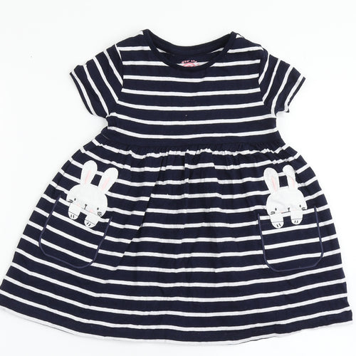 F&F Girls Blue Striped Cotton T-Shirt Dress  Size 2-3 Years  Round Neck Pullover - Bunny Rabbit