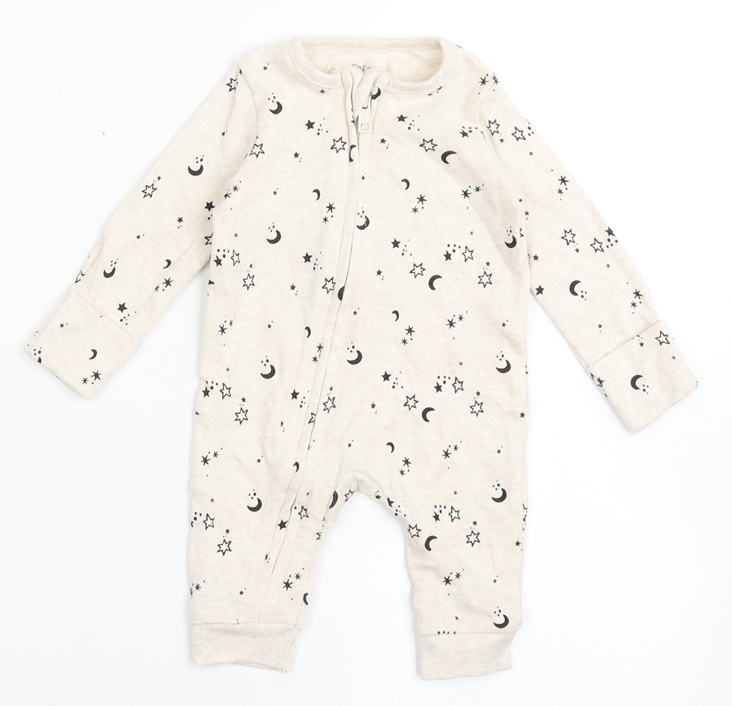 F&F Baby Beige  100% Cotton Babygrow One-Piece Size 0-3 Months  Zip - Moon & Stars