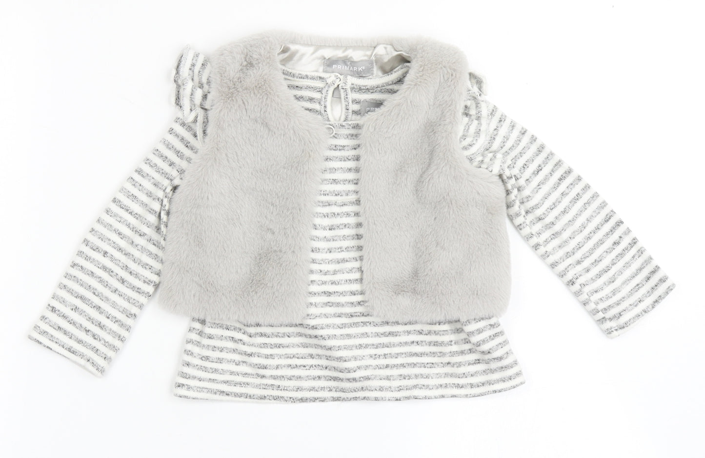 Primark Girls Grey Striped Viscose Basic T-Shirt Size 9-12 Months Round Neck Pullover - Waistcoat Attached