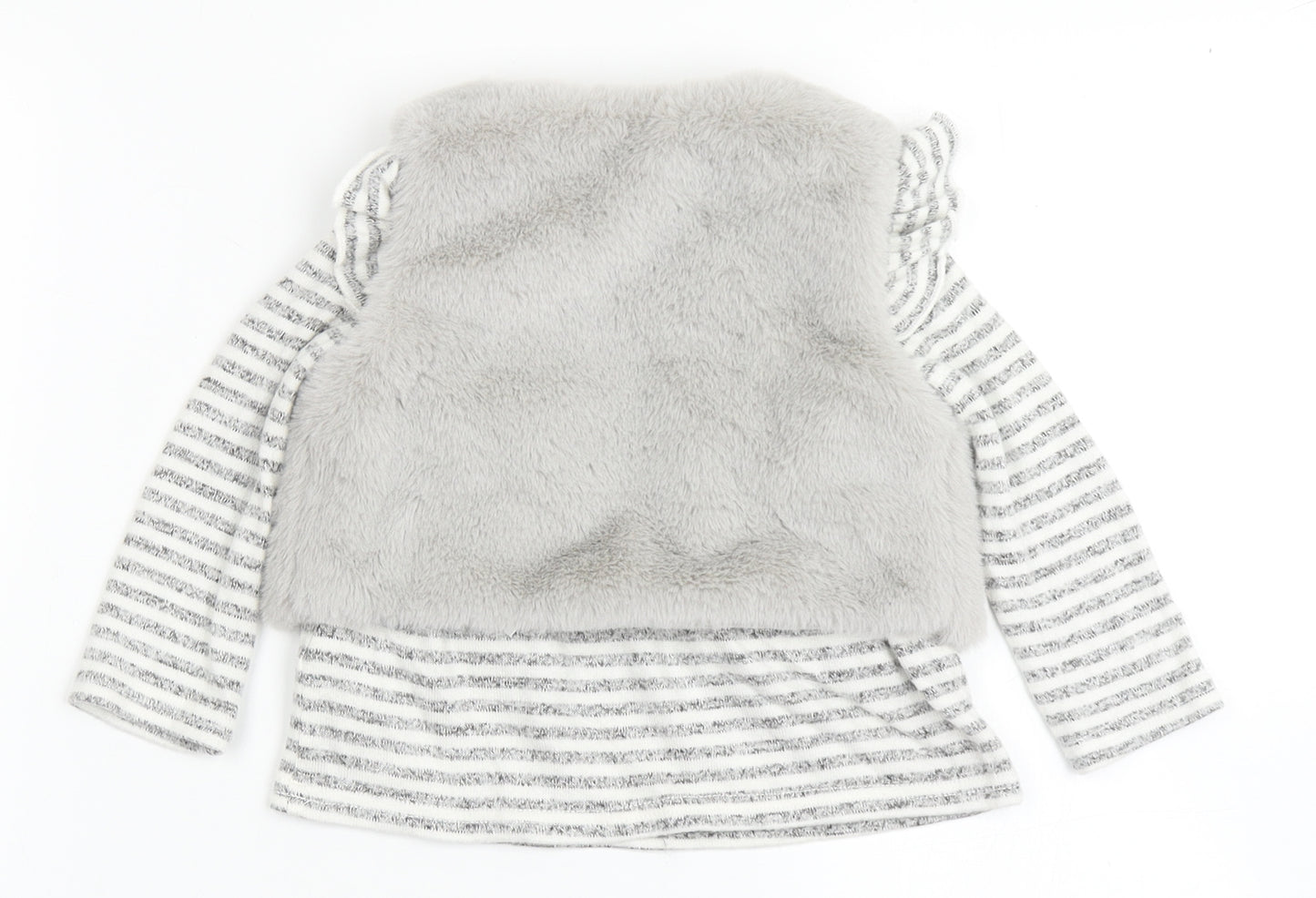 Primark Girls Grey Striped Viscose Basic T-Shirt Size 9-12 Months Round Neck Pullover - Waistcoat Attached