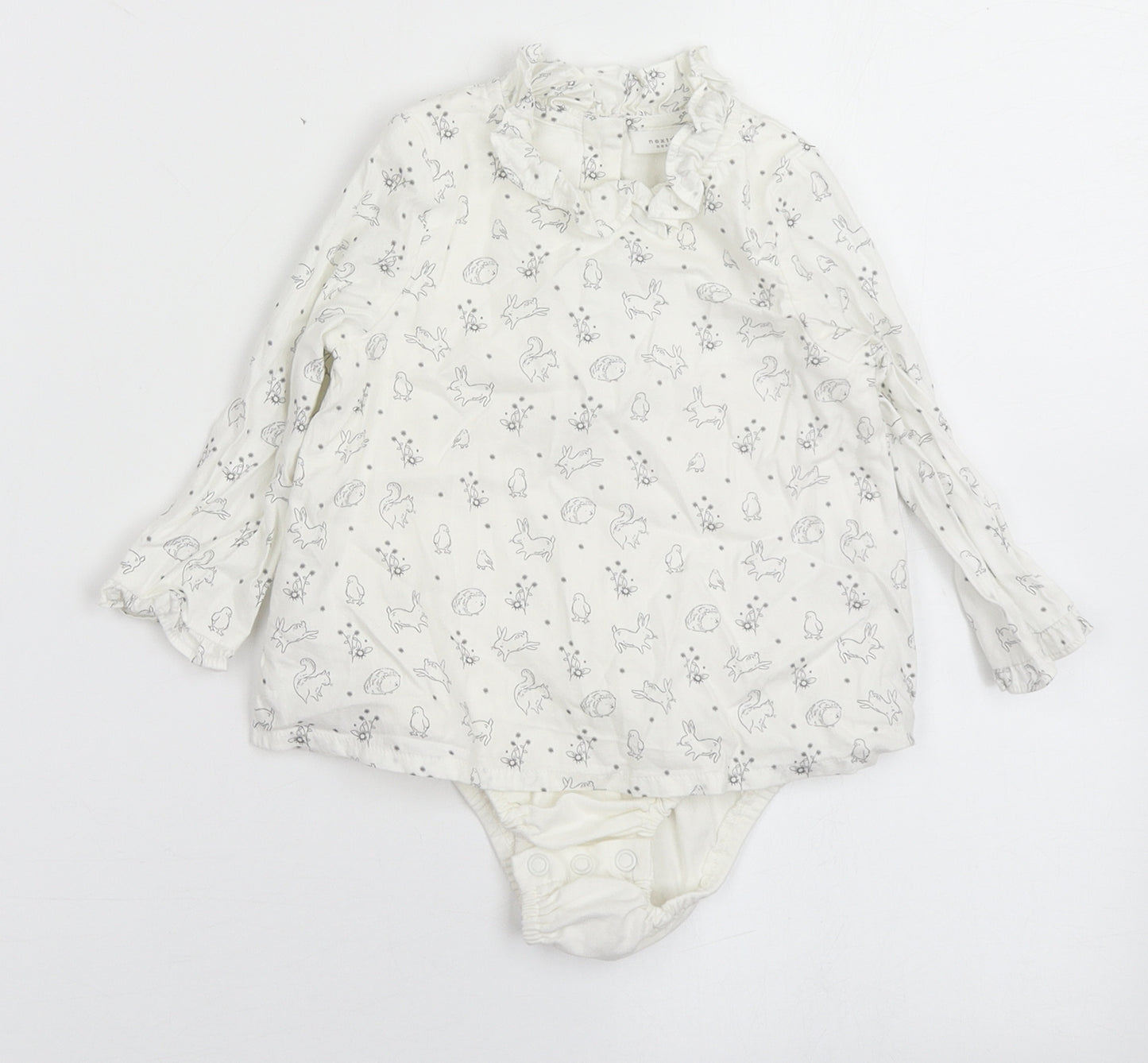 NEXT Girls White  Cotton Basic Blouse Size 6-9 Months Round Neck Button - Bunny Rabbit, Hedgehog