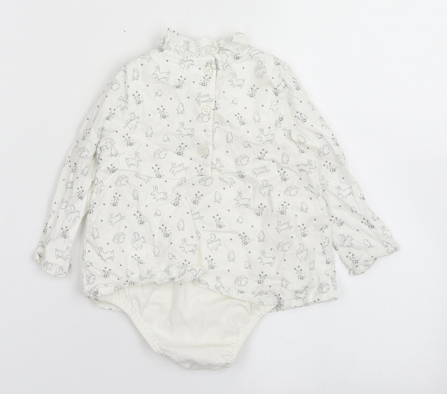 NEXT Girls White  Cotton Basic Blouse Size 6-9 Months Round Neck Button - Bunny Rabbit, Hedgehog