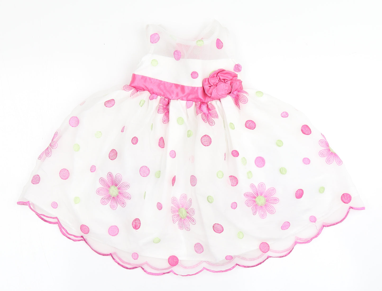 Jona Michelle Girls White Spotted Nylon Ball Gown  Size 2 Years  Round Neck Button