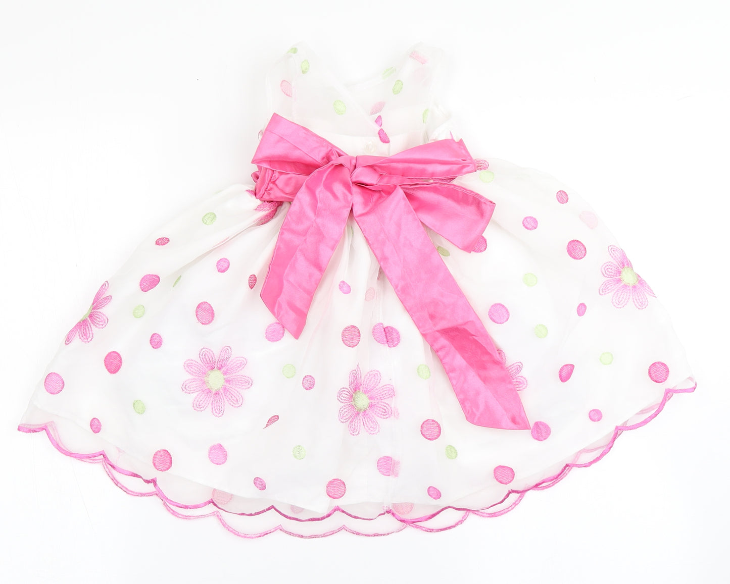 Jona Michelle Girls White Spotted Nylon Ball Gown  Size 2 Years  Round Neck Button