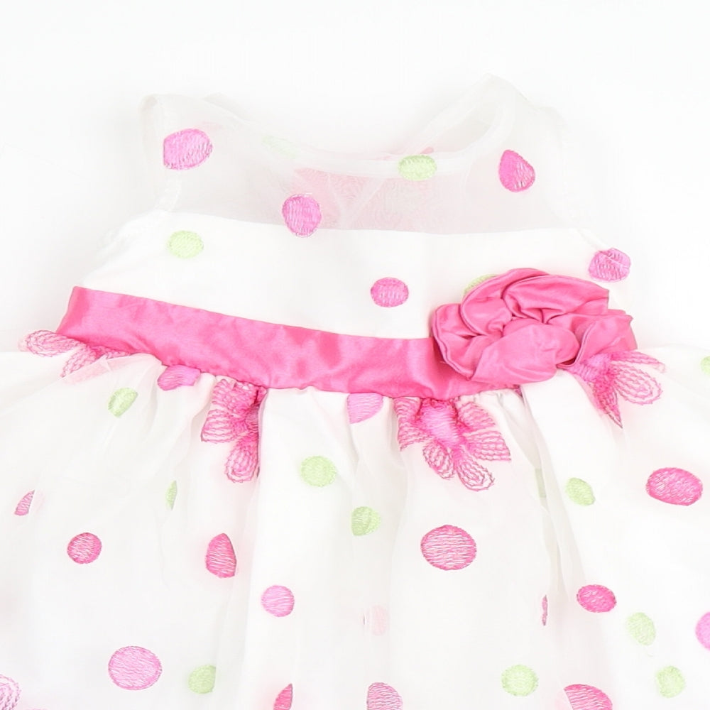 Jona Michelle Girls White Spotted Nylon Ball Gown  Size 2 Years  Round Neck Button