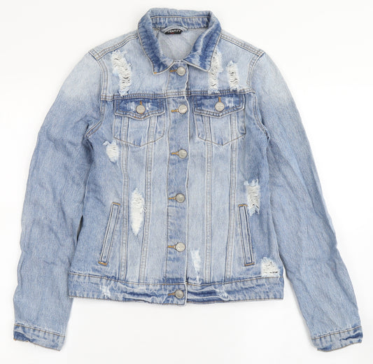 Front view of Identity women’s blue jacket, size UK 4, button