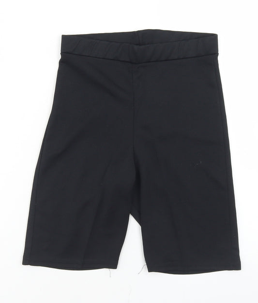 Front view of Boohoo women’s black polyester biker shorts, size UK 6, 8-inch leg regular