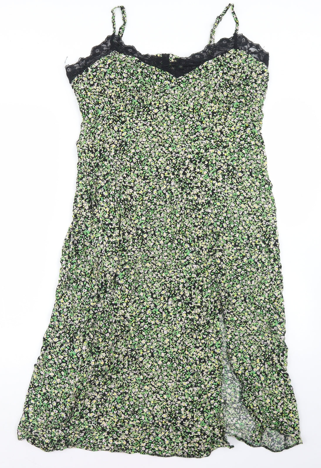 New Look Womens Green Floral Viscose Slip Dress  Size 18  V-Neck Zip - Lace trim