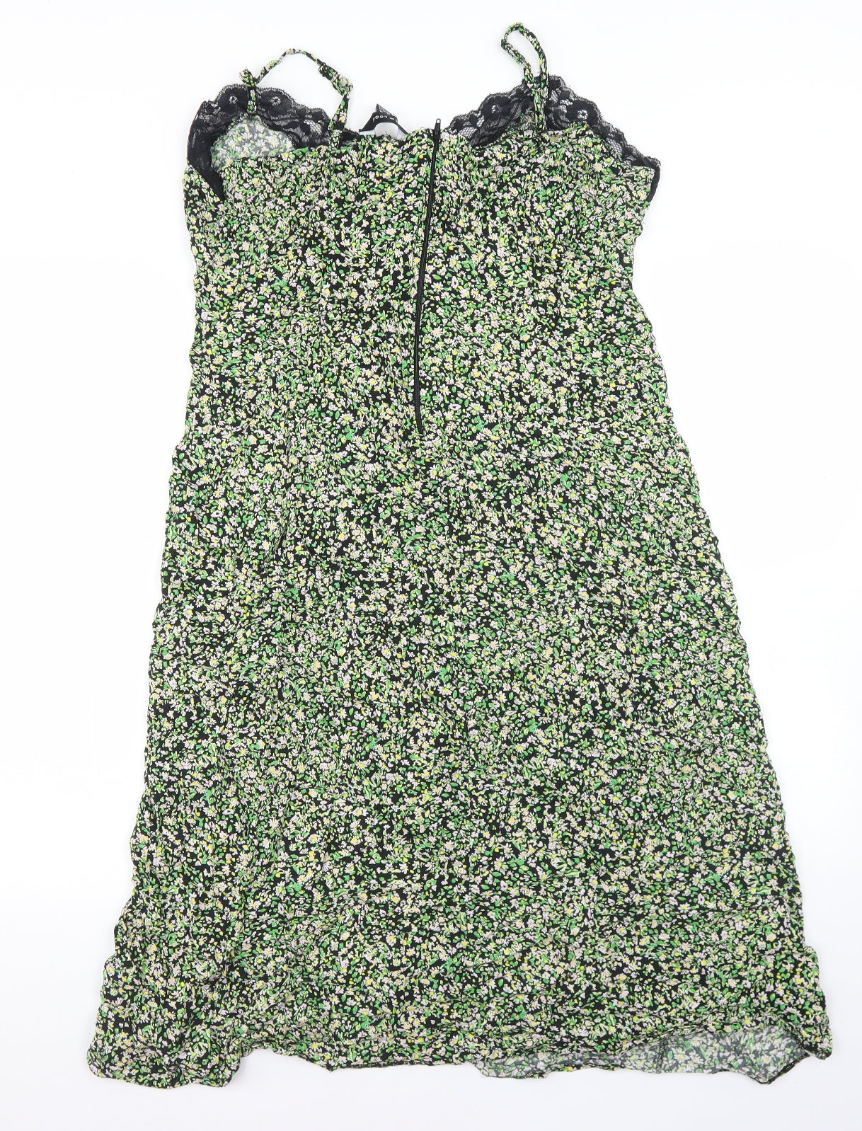 New Look Womens Green Floral Viscose Slip Dress  Size 18  V-Neck Zip - Lace trim