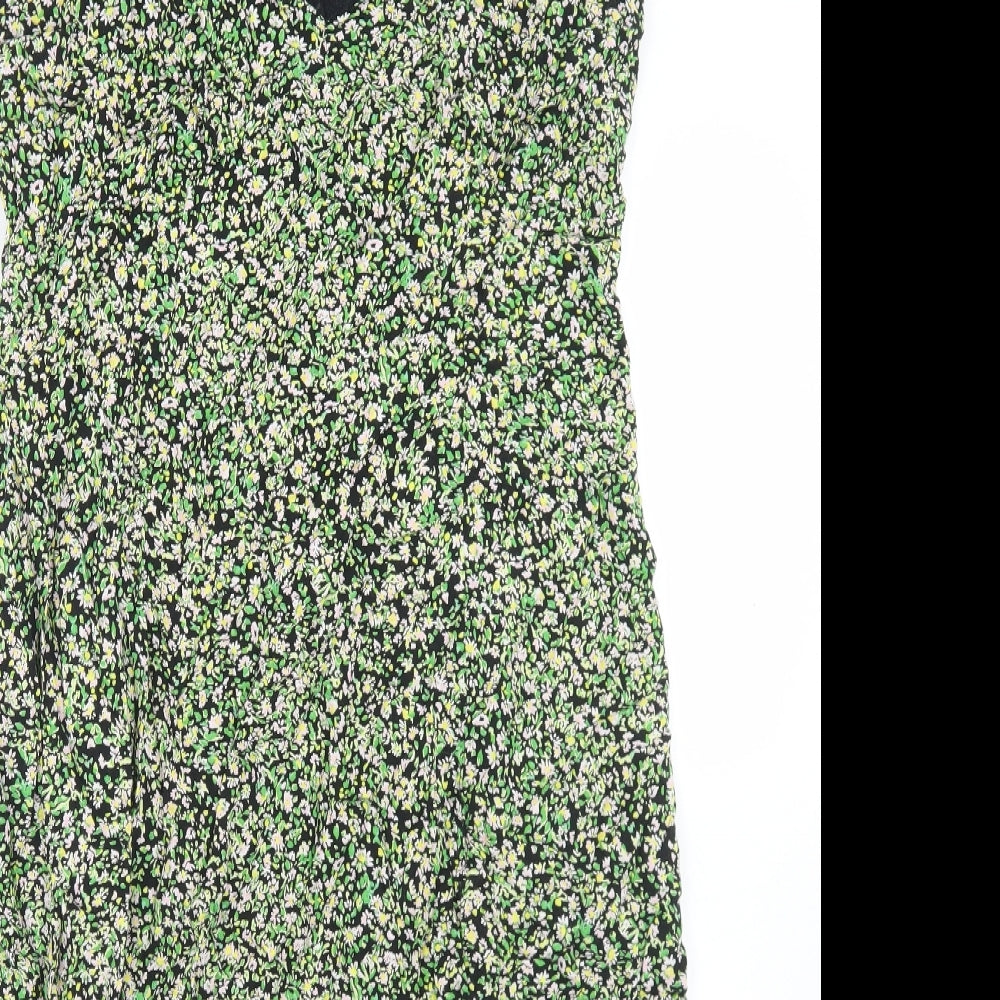 New Look Womens Green Floral Viscose Slip Dress  Size 18  V-Neck Zip - Lace trim