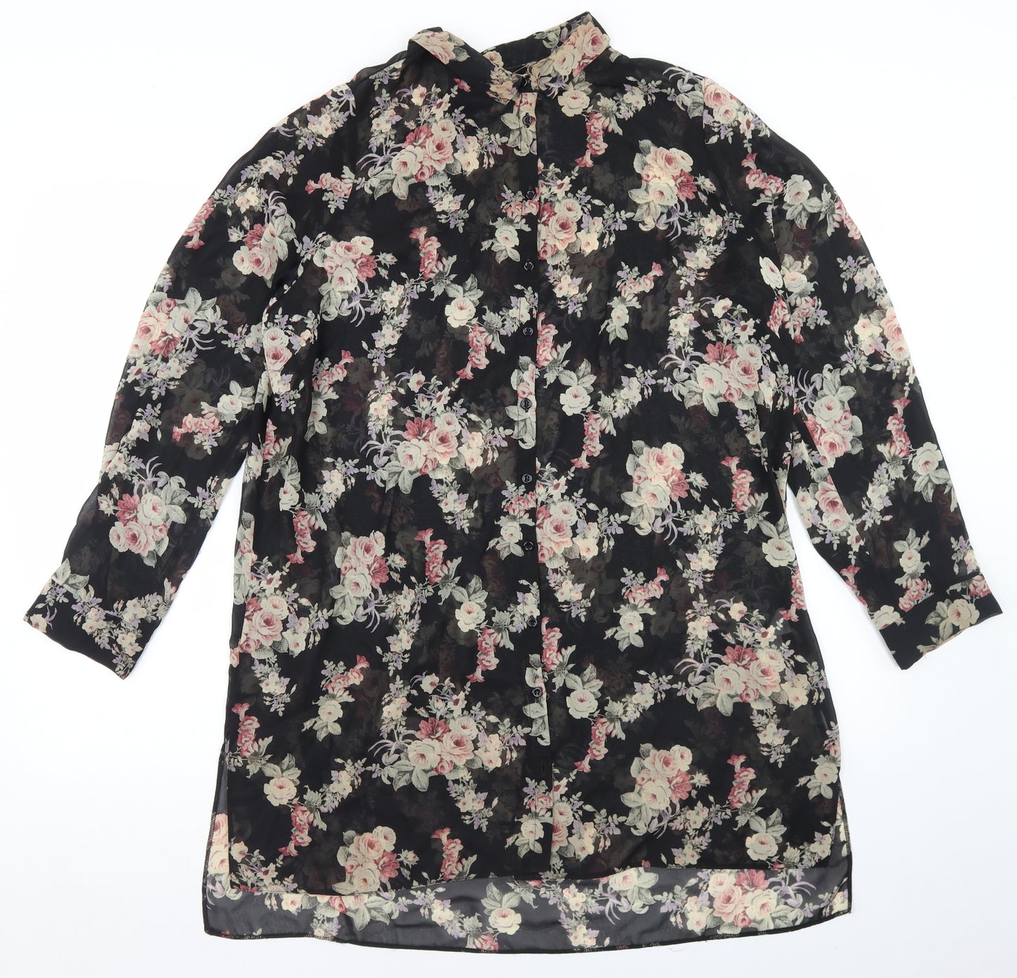 New Look Womens Black Floral Polyester Basic Button-Up Size 18 Collared - Longline