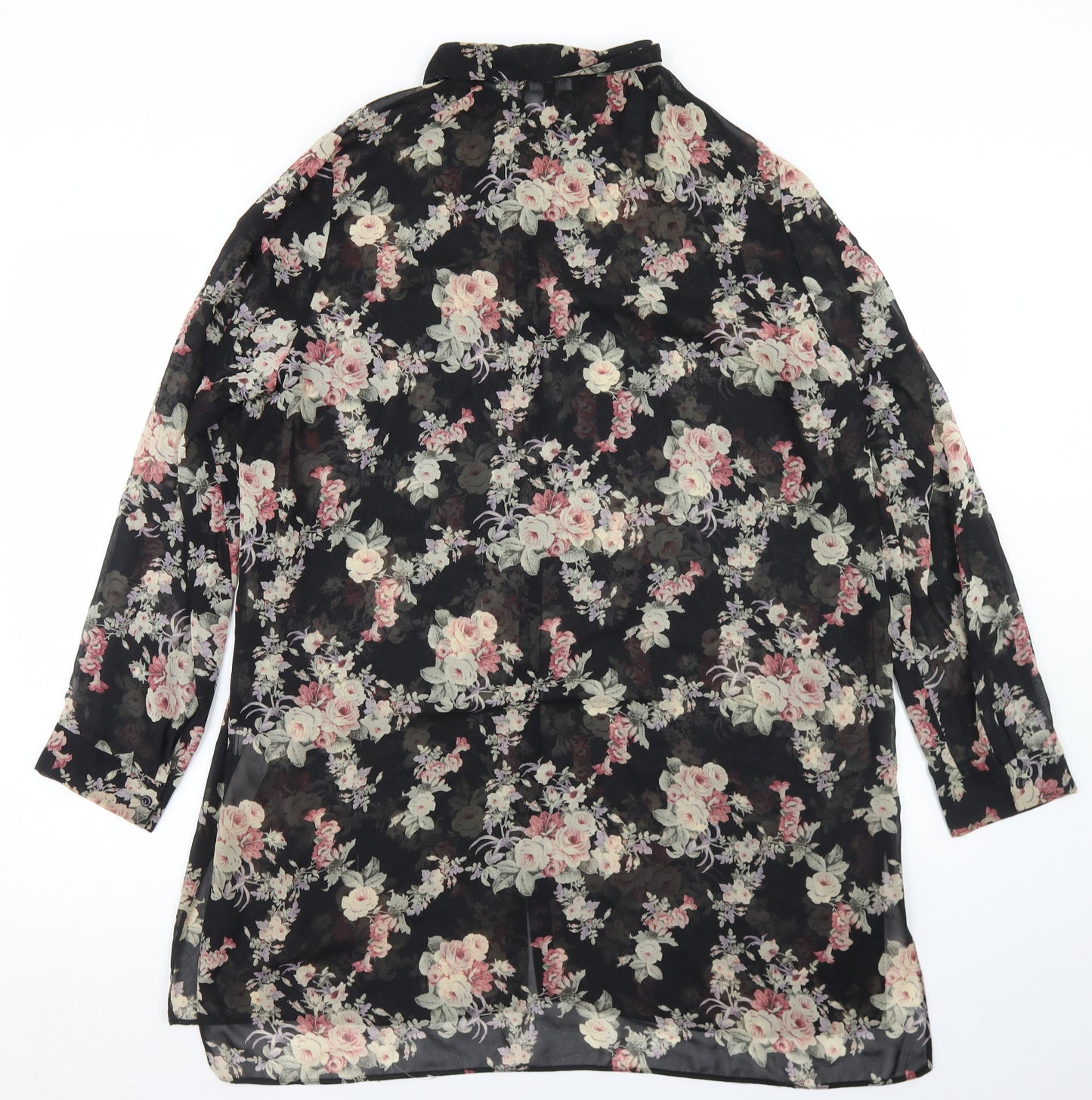 New Look Womens Black Floral Polyester Basic Button-Up Size 18 Collared - Longline