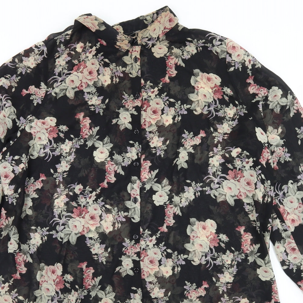 New Look Womens Black Floral Polyester Basic Button-Up Size 18 Collared - Longline