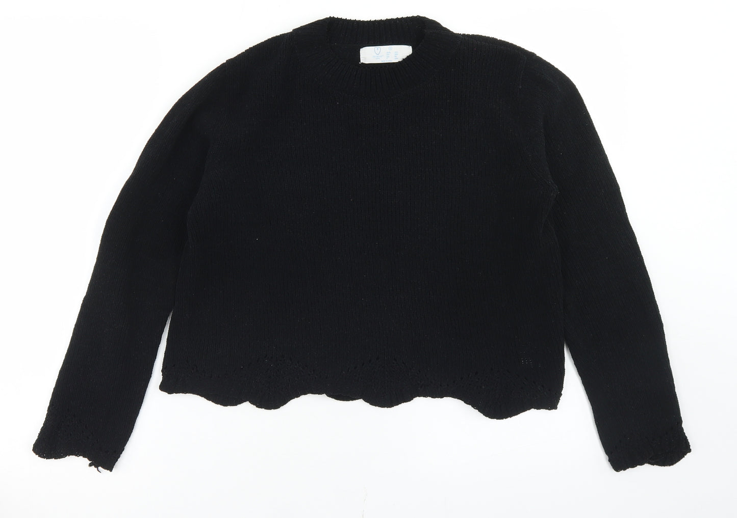 Primark Womens Black Crew Neck  Polyester Pullover Jumper Size S   - Cropped, Scalloped Edging