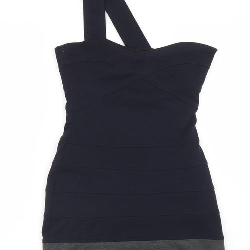 Topshop Womens Blue Colourblock Polyester Bodycon  Size 10  One Shoulder Zip