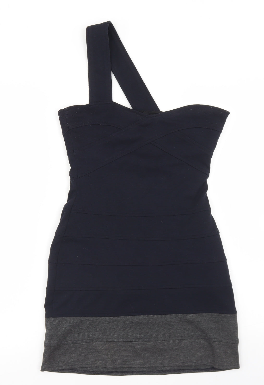 Topshop Womens Blue Colourblock Polyester Bodycon  Size 10  One Shoulder Zip