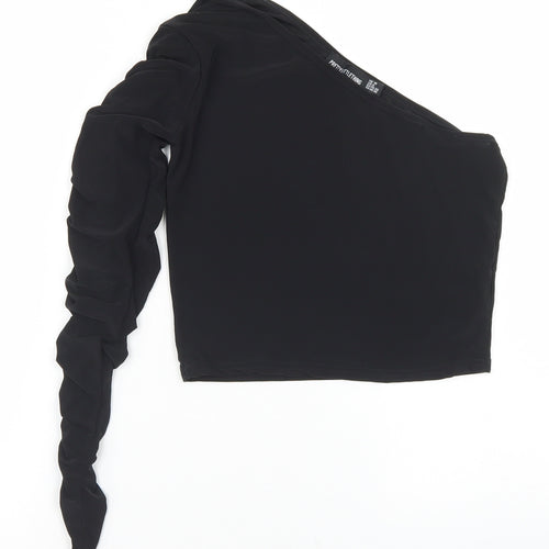PRETTYLITTLETHING Womens Black  Polyester Cropped T-Shirt Size 10 One Shoulder - Ruched Sleeve