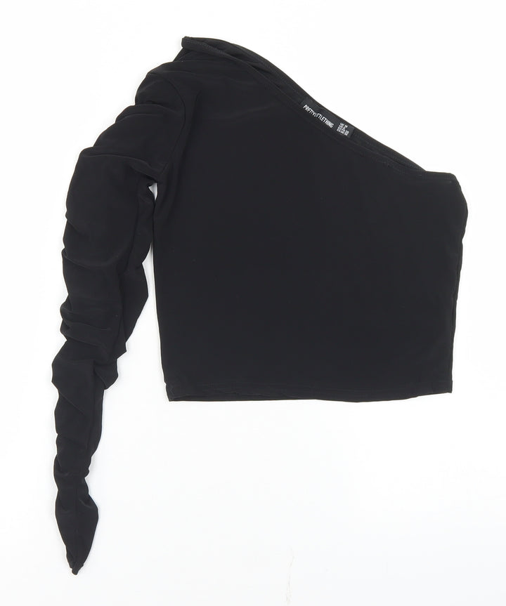 PRETTYLITTLETHING Womens Black Polyester Cropped T-Shirt Size 10 One Shoulder - Ruched Sleeve