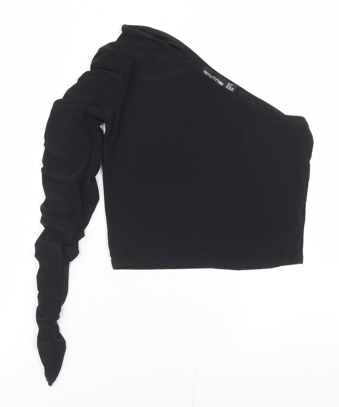 PRETTYLITTLETHING Womens Black  Polyester Cropped T-Shirt Size 10 One Shoulder - Ruched Sleeve