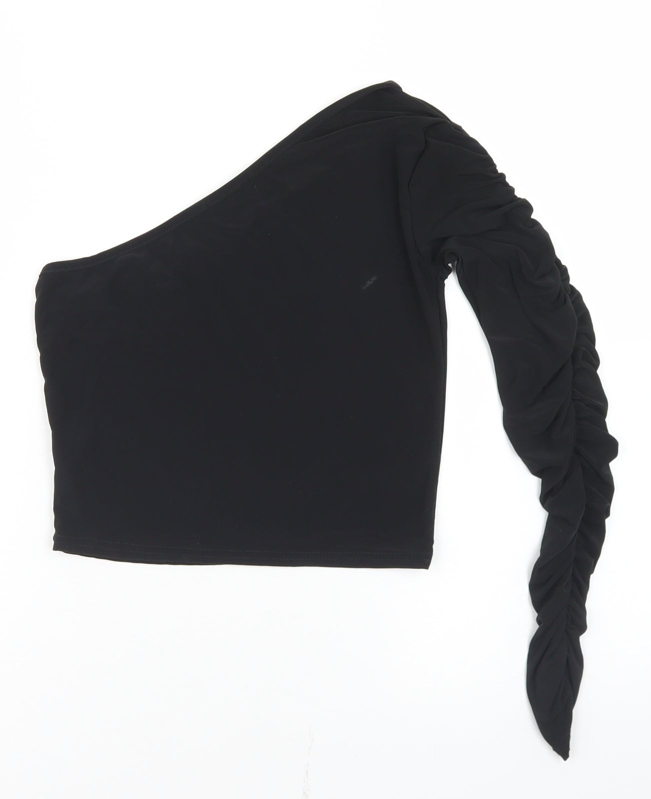 PRETTYLITTLETHING Womens Black  Polyester Cropped T-Shirt Size 10 One Shoulder - Ruched Sleeve