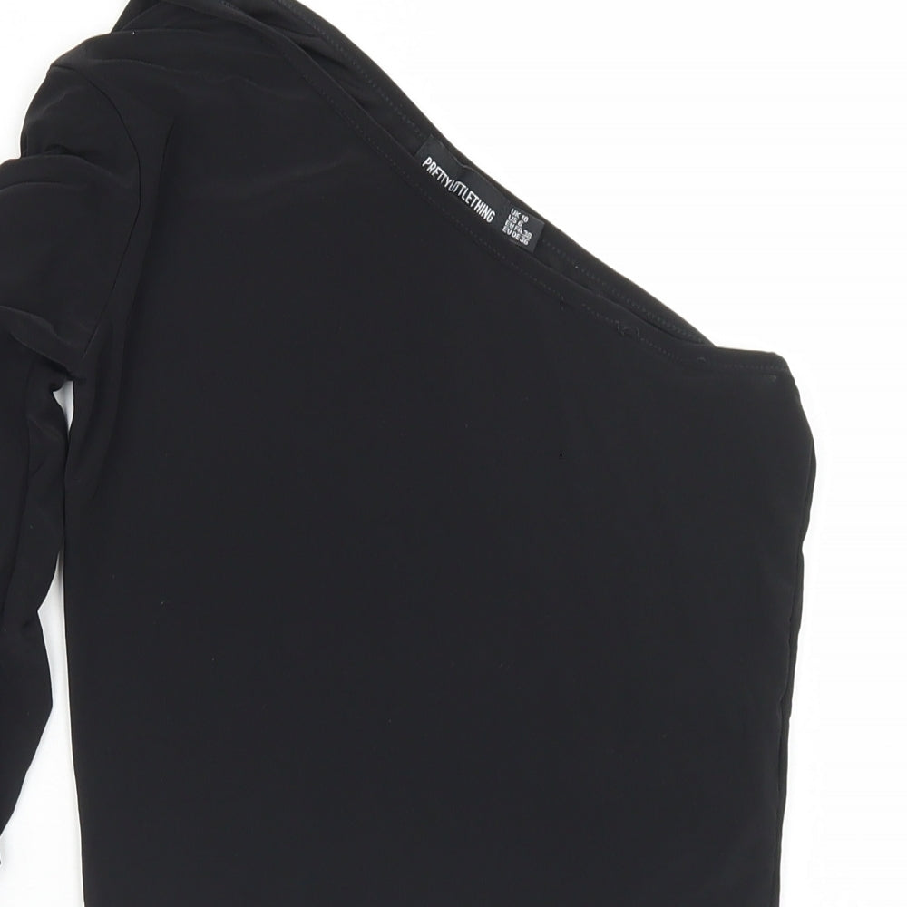 PRETTYLITTLETHING Womens Black  Polyester Cropped T-Shirt Size 10 One Shoulder - Ruched Sleeve