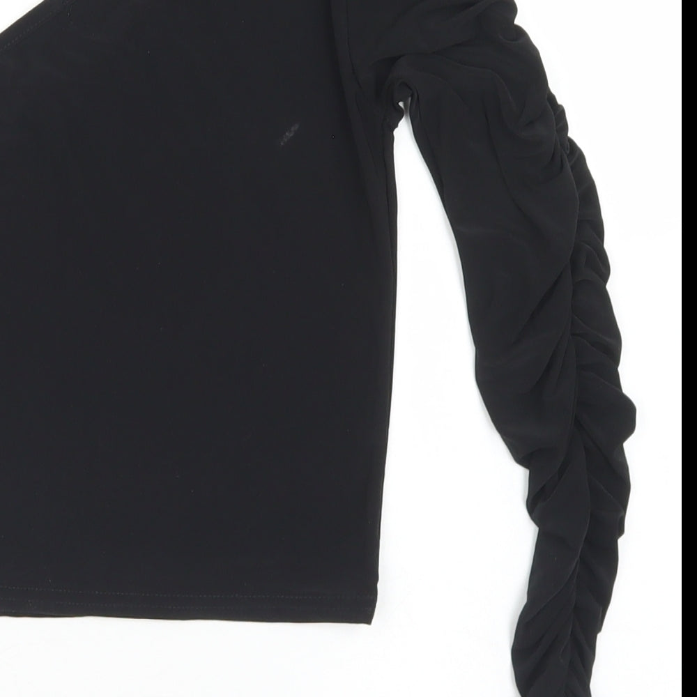 PRETTYLITTLETHING Womens Black  Polyester Cropped T-Shirt Size 10 One Shoulder - Ruched Sleeve