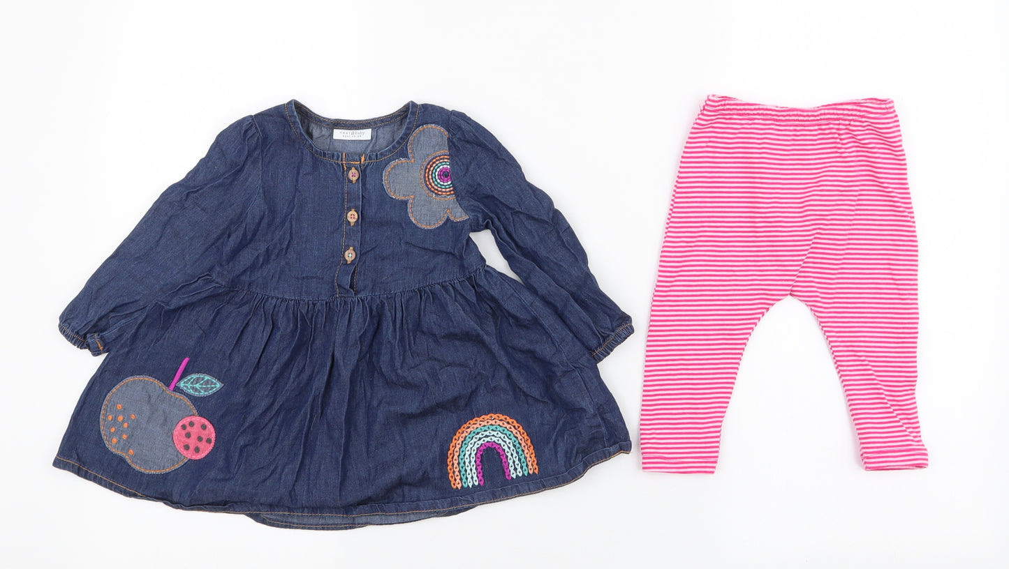 NEXT Girls Blue Striped 100% Cotton Dress Set Outfit/Set Size 6-9 Months  Pullover