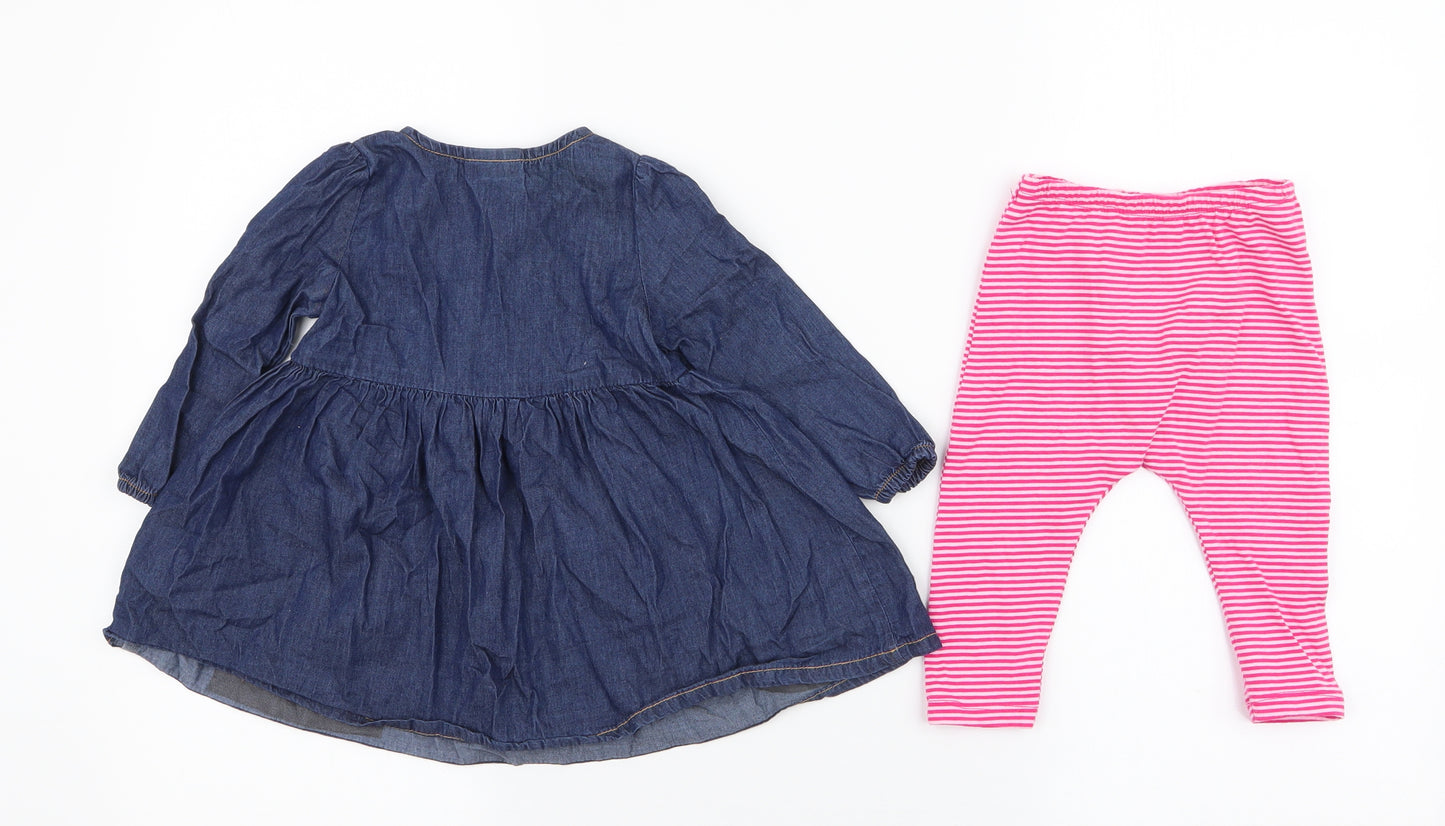 NEXT Girls Blue Striped 100% Cotton Dress Set Outfit/Set Size 6-9 Months  Pullover