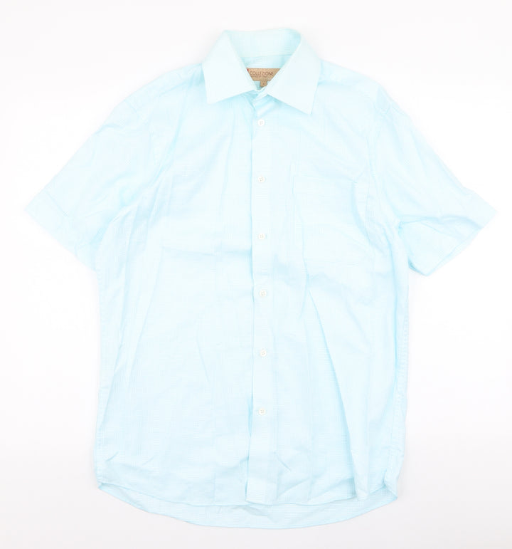Collezione Mens Blue Plaid Polyester Button-Up Size S Collared Button