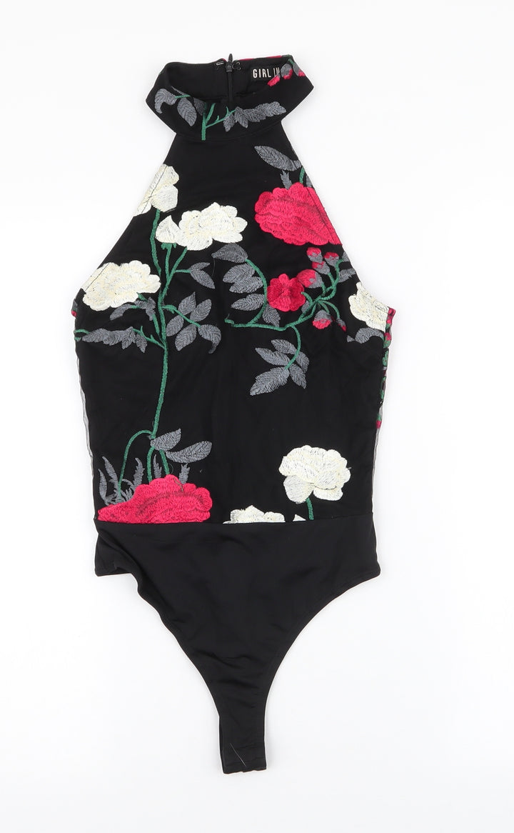 Girl in mind Womens Black Floral 100% Polyester Bodysuit One-Piece Size 8 Snap
