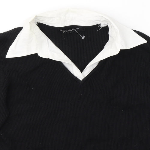 Debbie Morgan Womens Black  Cotton Jersey Blouse Size L V-Neck