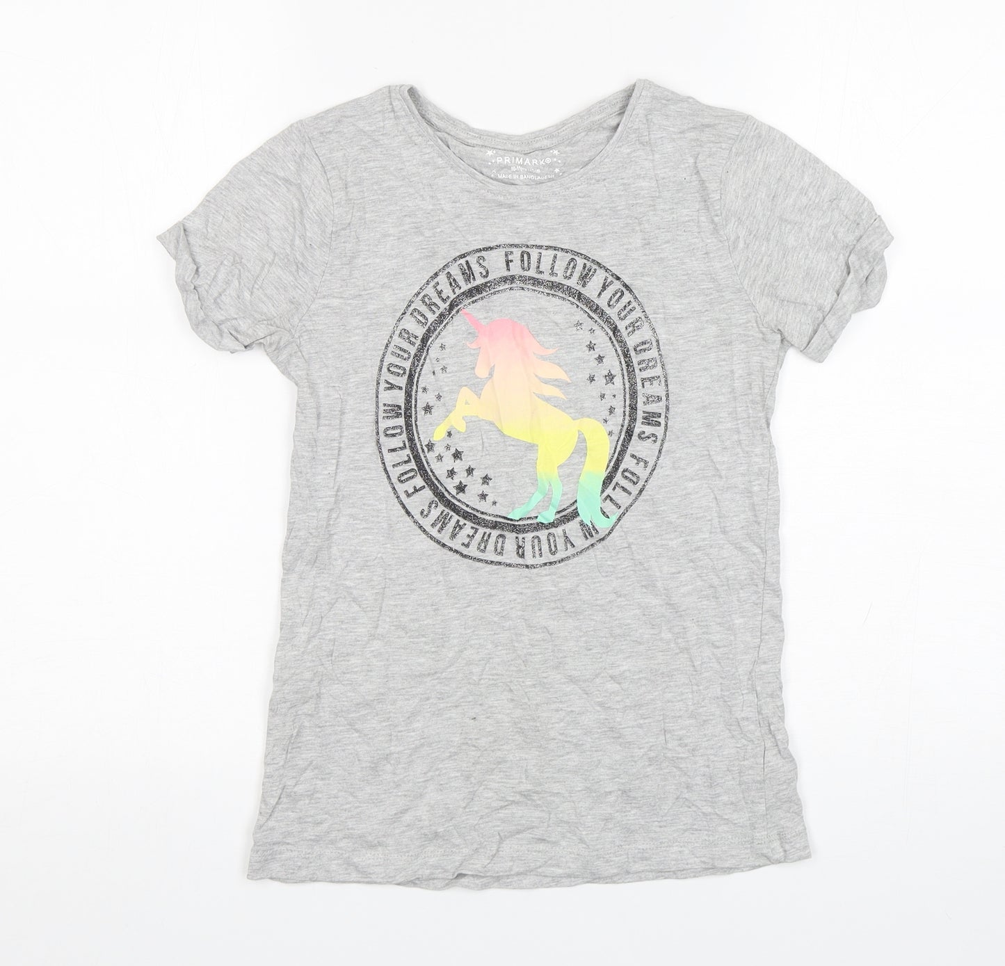 Primark Girls Grey  Cotton Basic T-Shirt Size 10-11 Years Round Neck Pullover - Unicorn