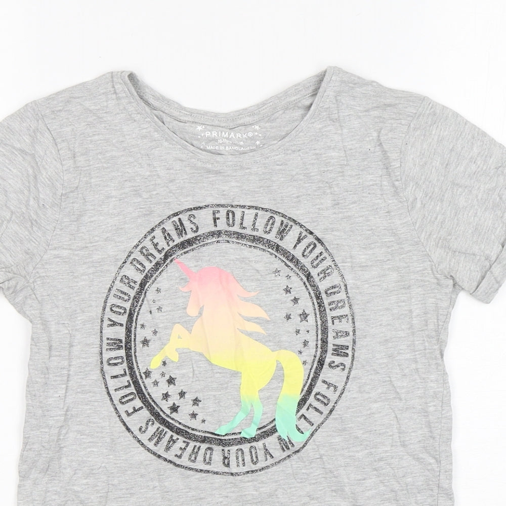 Primark Girls Grey  Cotton Basic T-Shirt Size 10-11 Years Round Neck Pullover - Unicorn