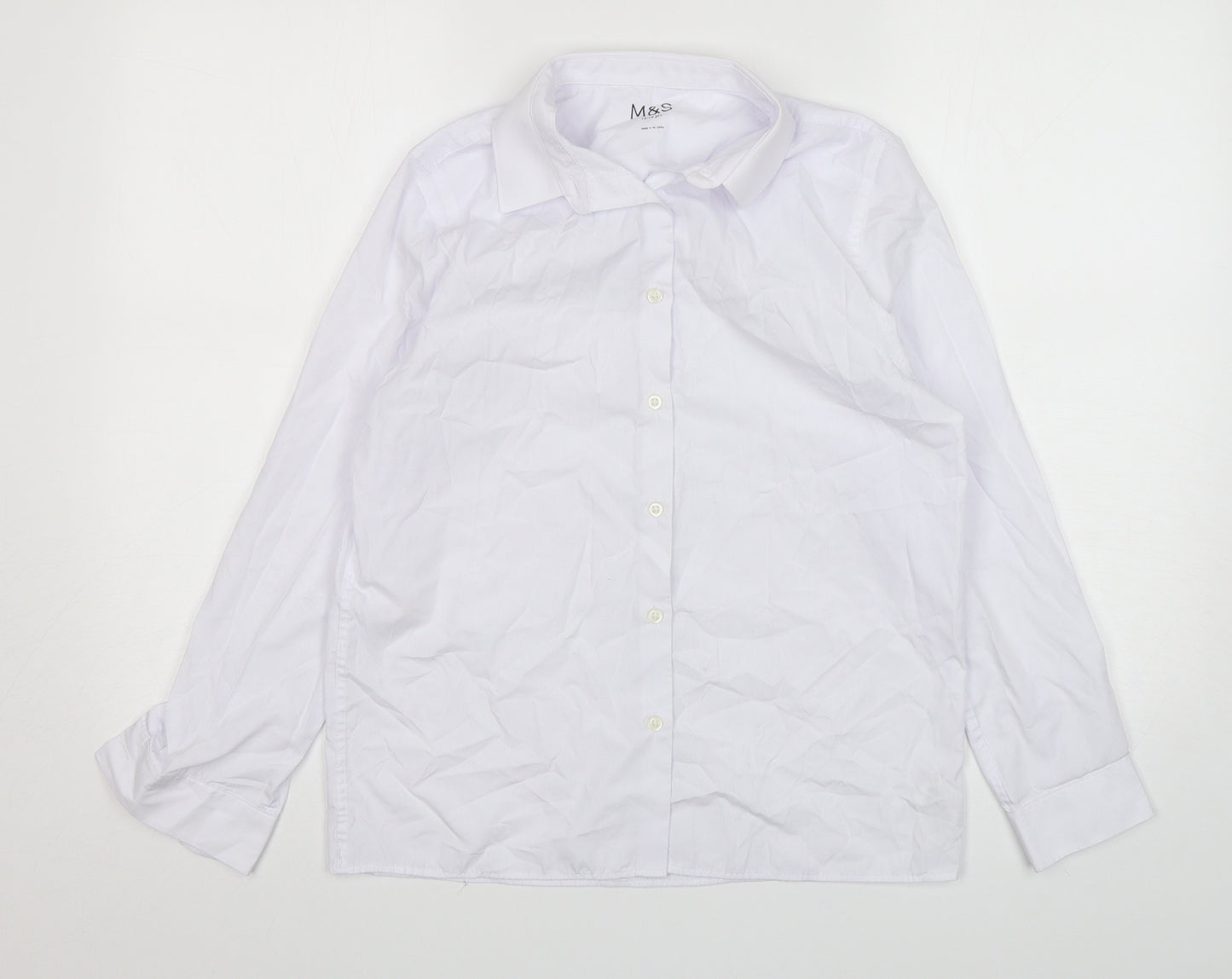 Marks and Spencer Boys White  Polyester Basic Button-Up Size 13-14 Years Collared Button