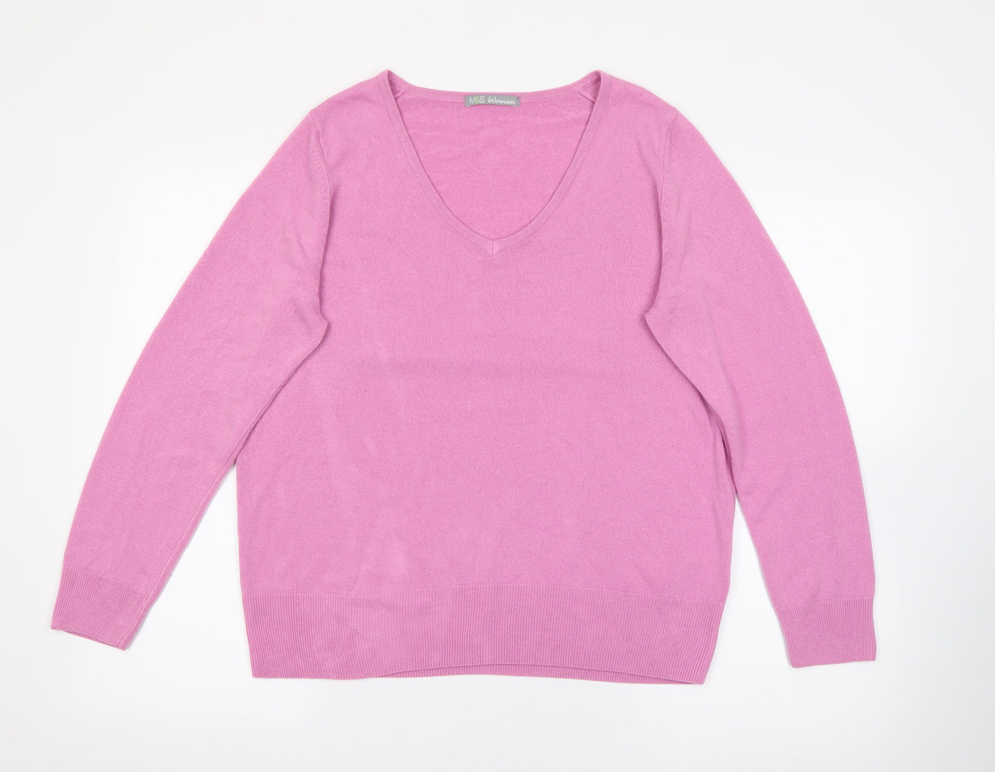 Marks and Spencer Womens Pink V-Neck  Acrylic Pullover Jumper Size 16