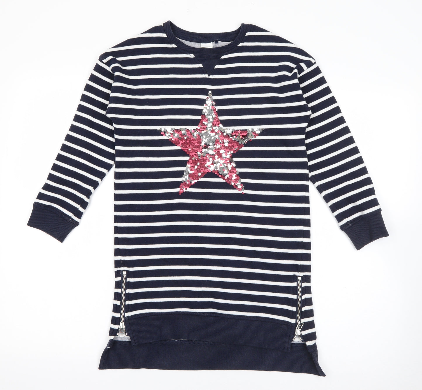 NEXT Girls Blue Crew Neck Striped Cotton Pullover Jumper Size 8 Years   - Star