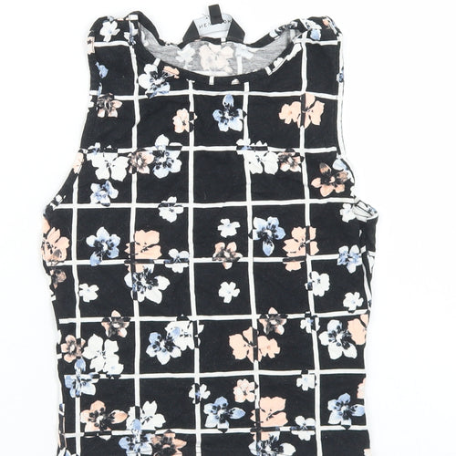 New Look Womens Black Floral Viscose Cropped Tank Size 6 Round Neck