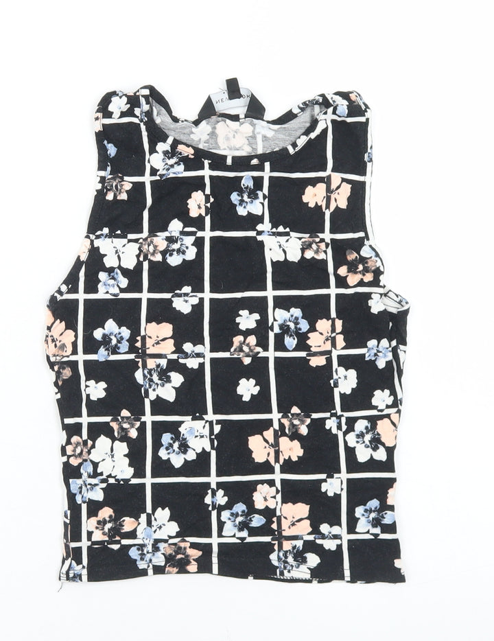 New Look Womens Black Floral Viscose Cropped Tank Size 6 Round Neck