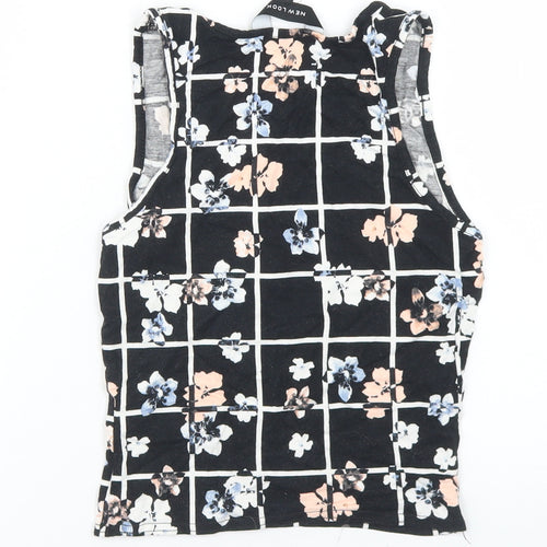 New Look Womens Black Floral Viscose Cropped Tank Size 6 Round Neck