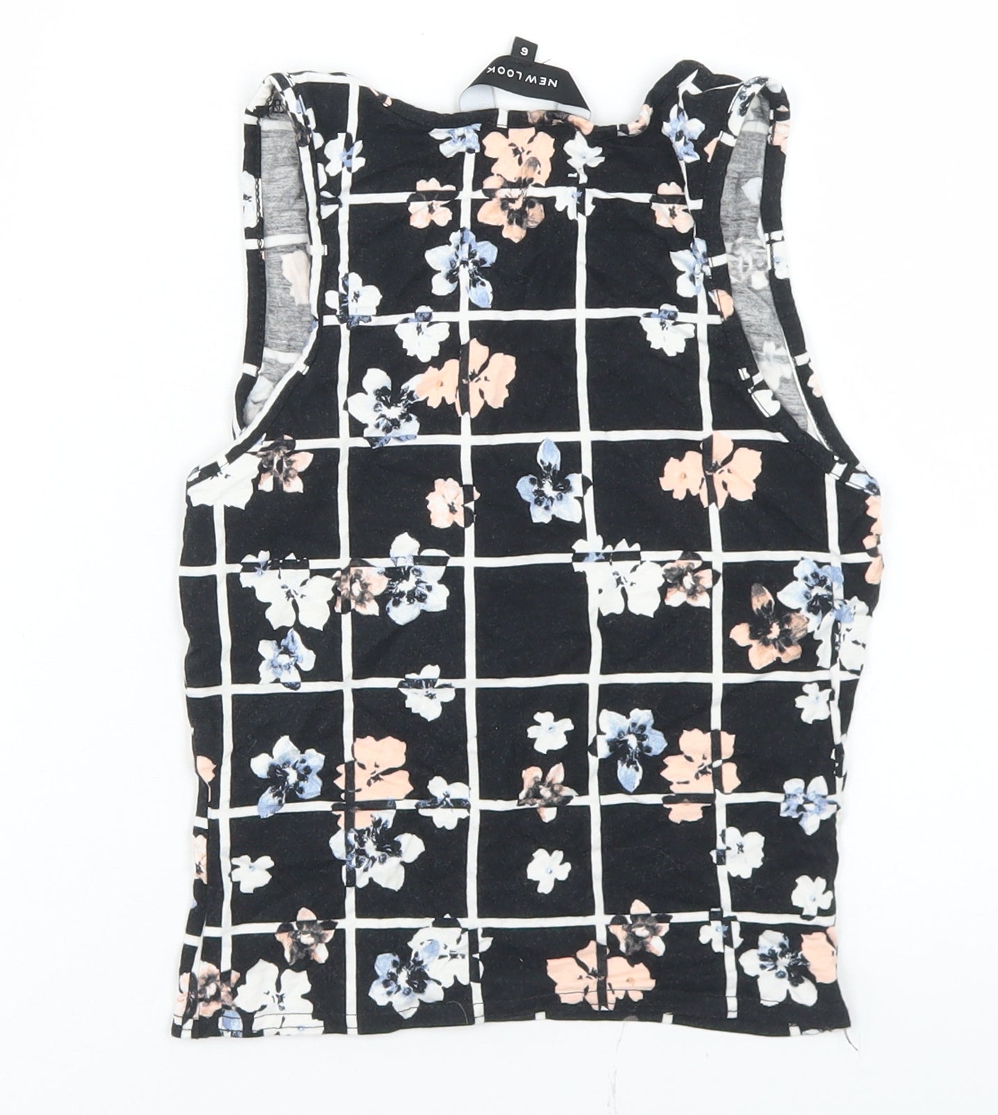 New Look Womens Black Floral Viscose Cropped Tank Size 6 Round Neck